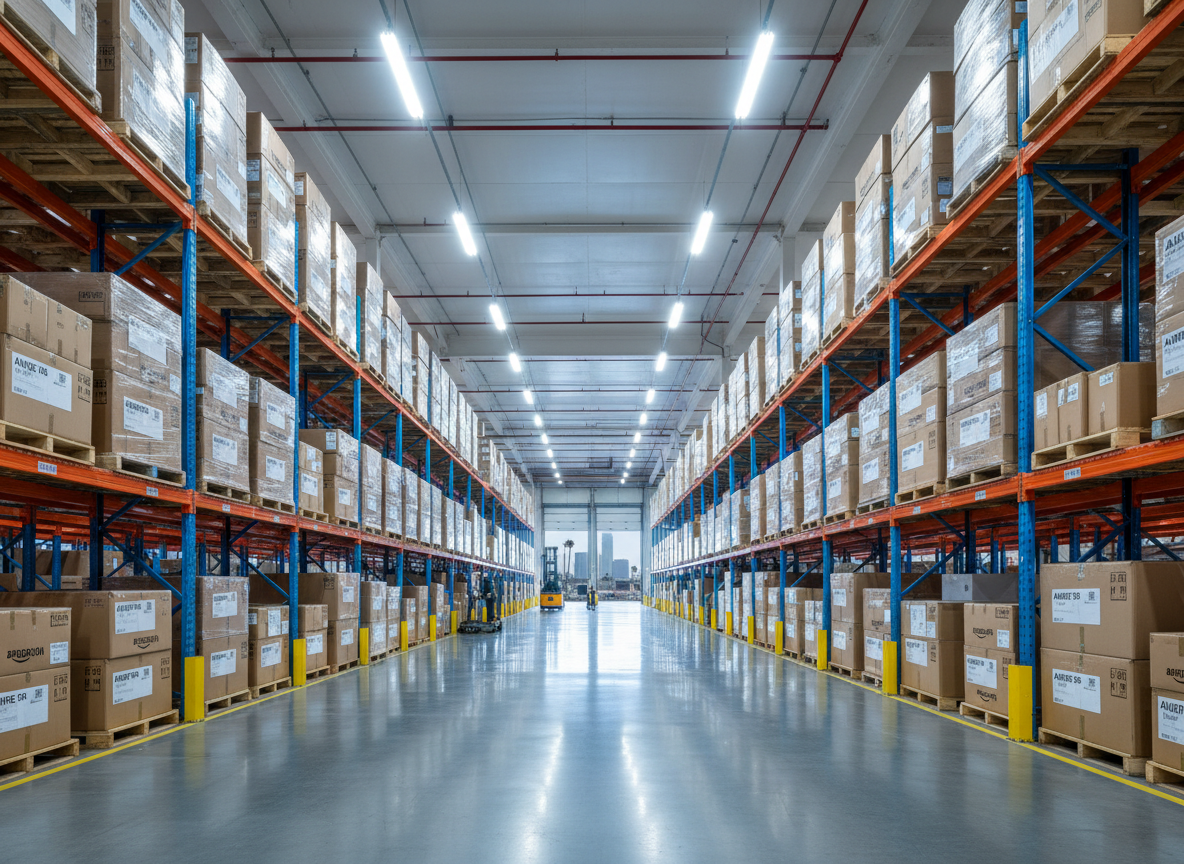 A vast, meticulously organized fulfillment warehouse in Los Angeles, photographed from a slightly elevated eye-level angle. Tall blue and orange pallet racking stretches into the distance, loaded with neatly wrapped cartons labeled for Amazon FBA, while wide, clearly marked aisles run between them. In the foreground, a clean concrete floor reflects soft, cool-white industrial LED lighting from the high ceiling, creating crisp highlights on shrink wrap and steel beams. Large open dock doors at the far end reveal a hint of an LA skyline haze and palm trees. The atmosphere feels efficient, modern, and trustworthy, with sharp focus throughout the frame and a photographic realism style that emphasizes real operations rather than staged stock imagery.