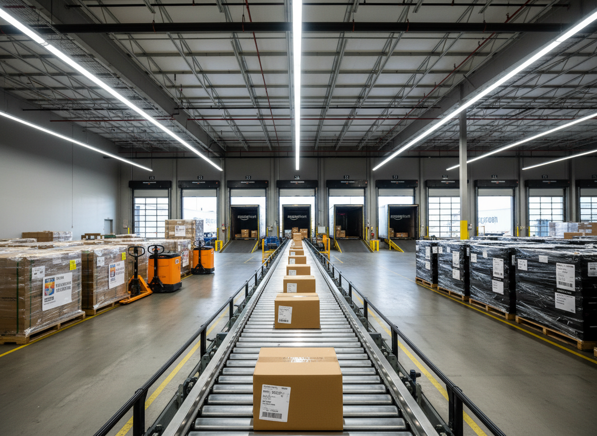 A dedicated Amazon cross-docking area inside an LA fulfillment warehouse, captured in photographic realism. In the center, a long, heavy-duty conveyor line carries uniform brown cartons with visible FNSKU-style barcodes toward open dock doors, where multiple trailers are backed into a concrete loading bay. Pallet jacks and palletized shipments from overseas are staged on one side, while labeled outbound pallets destined for Amazon fulfillment centers line the other. Overhead, bright, even LED lighting casts minimal shadows, emphasizing cleanliness and order. The composition uses leading lines from the conveyor and dock doors to guide the eye, creating a dynamic but controlled mood that conveys speed, accuracy, and professional third-party logistics operations.