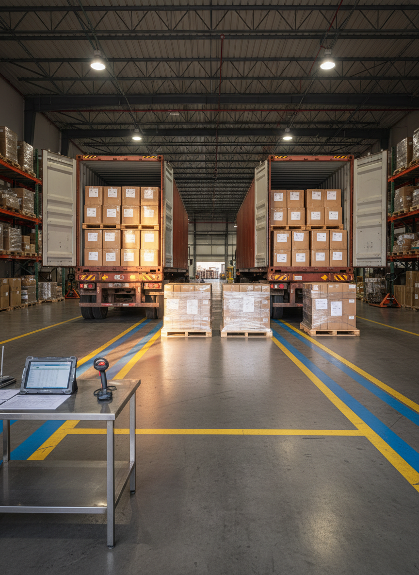An import receiving zone in a Los Angeles 3PL warehouse specializing in Amazon sellers, shown in realistic photographic detail. In the foreground, freshly arrived 40-foot shipping containers sit at dock level with their doors open, revealing tightly stacked cartons from China wrapped on wooden pallets. The concrete dock apron transitions into an interior area where pallets are arranged in staging lanes marked with large colored floor stripes. Nearby, a metal desk holds a rugged tablet and scanner, symbolizing customs clearance and check-in processes without showing any people. Afternoon sunlight filters in from the dock openings and combines with overhead warehouse lighting, creating a bright, industrious atmosphere with strong depth and sharp focus from front to back.