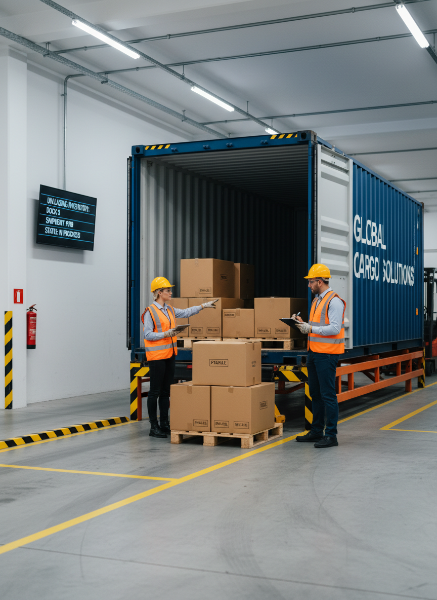 A realistic scene at a clean loading dock where a shipping container is being unloaded. Two warehouse workers in safety vests and PPE are carefully tending the count and taking notes on clipboards or tablets as cartons are moved from the container onto pallets. The space is bright, organized, and clearly safety-focused, with clear floor markings and proper equipment, conveying precision, professionalism, and attention to detail.