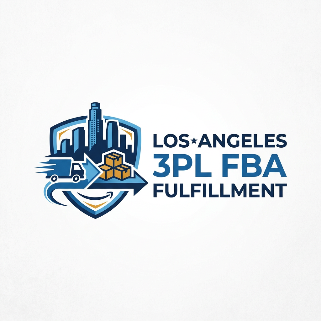 Logo with Los Angeles skyline, delivery truck, boxes, and text 'Los Angeles 3PL FBA Fulfillment'